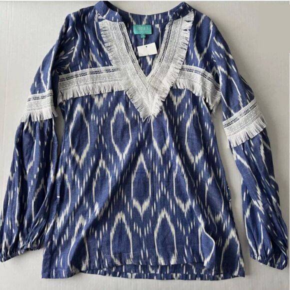 TAJ by Sabrina Top Women’s S Fringed Cotton V-neck Tunic Boho Beach Blue Ikat - Picture 1 of 9